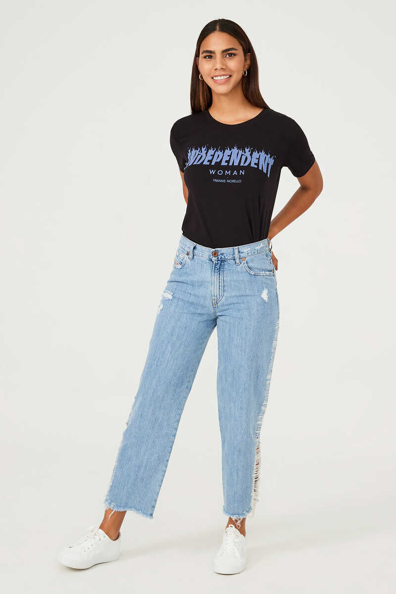 Diesel Kadın Bol Paça Yırtık Detaylı Jean Pantolon - 1