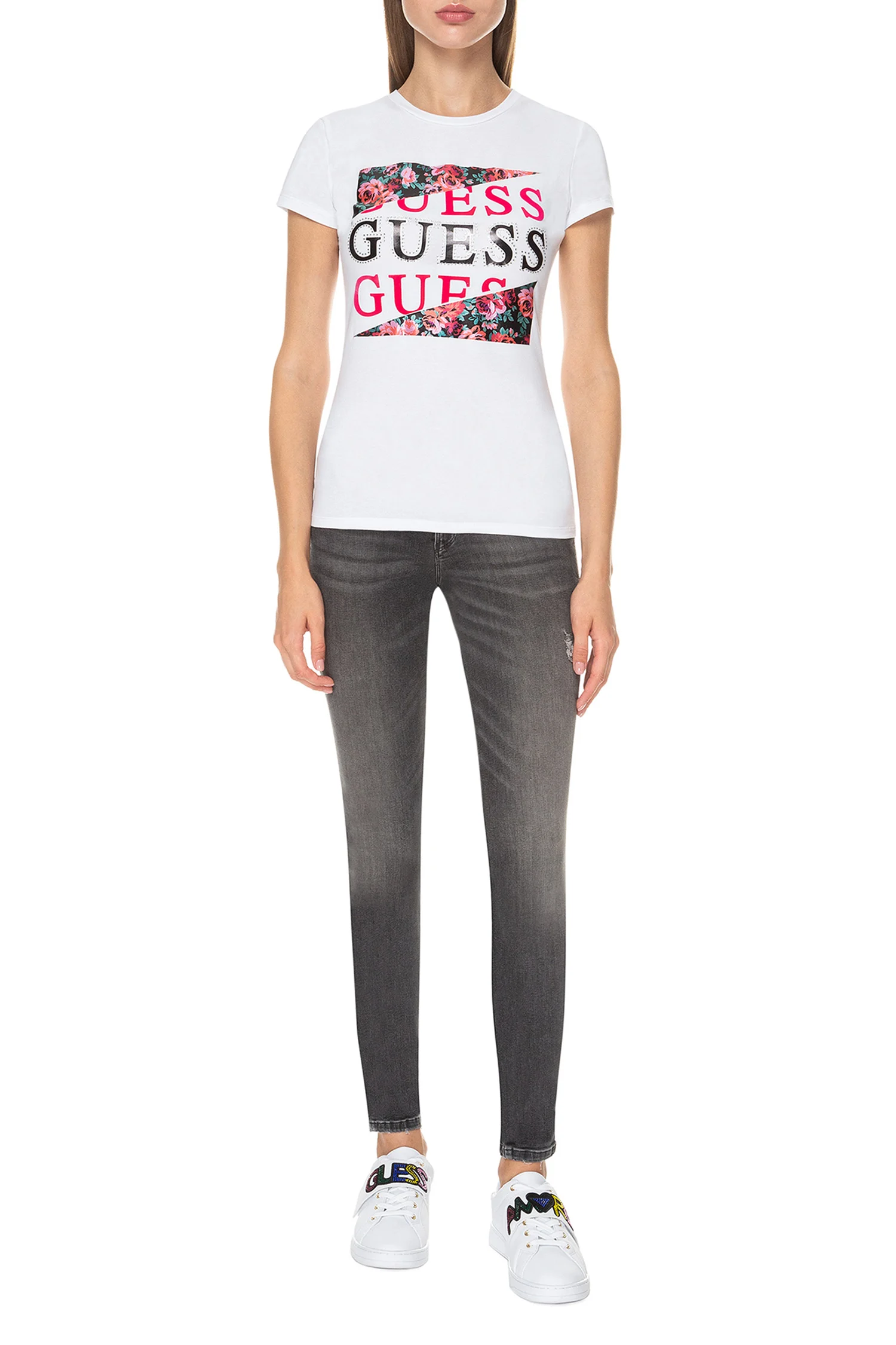 Guess Çiçek Desenli Kadın T-Shirt - Thumbnail